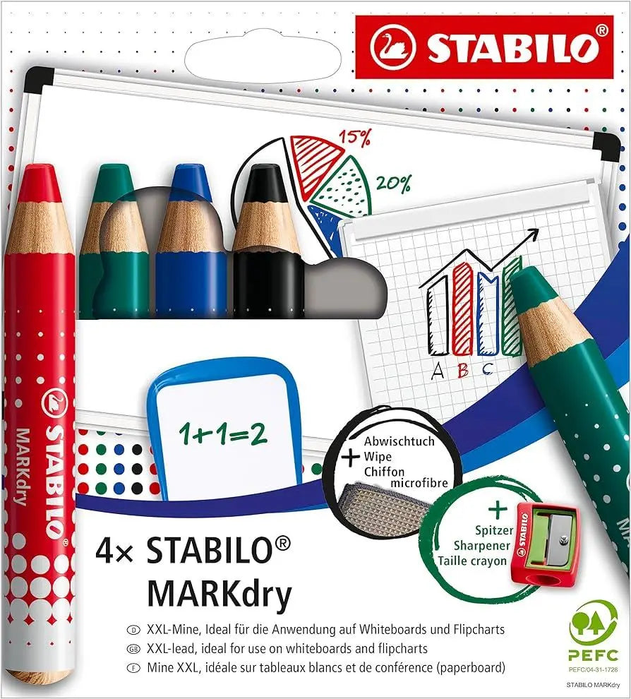 Stabilo MARKdry - Whiteboard and Flipchart Markers - Assorted + Sharpener + Wiping Cloth | The Dy...