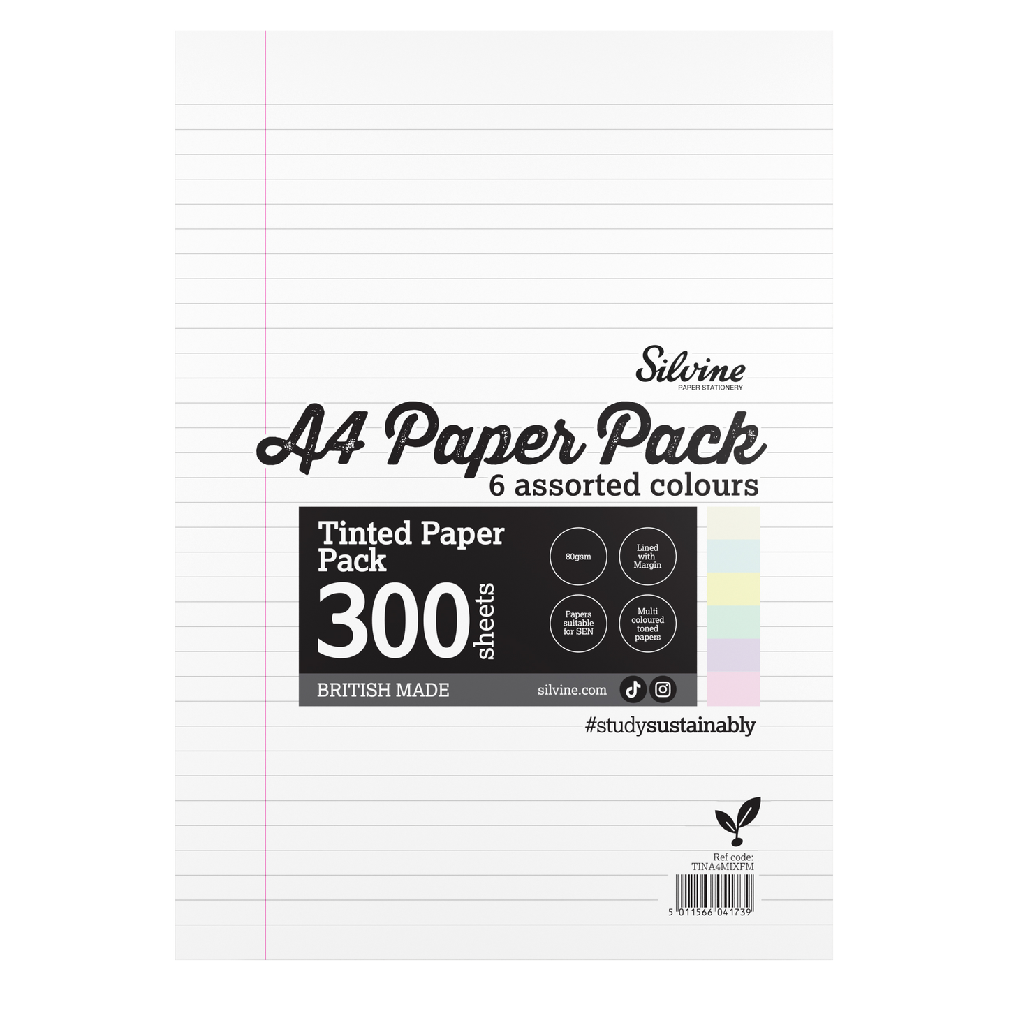 Silvine A4 Tinted Paper Pack – 300 Sheets 6  Colours