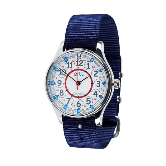 EasyRead Watch Waterproof 12/24 Hour - Navy Blue Strap (Red & Blue Face)