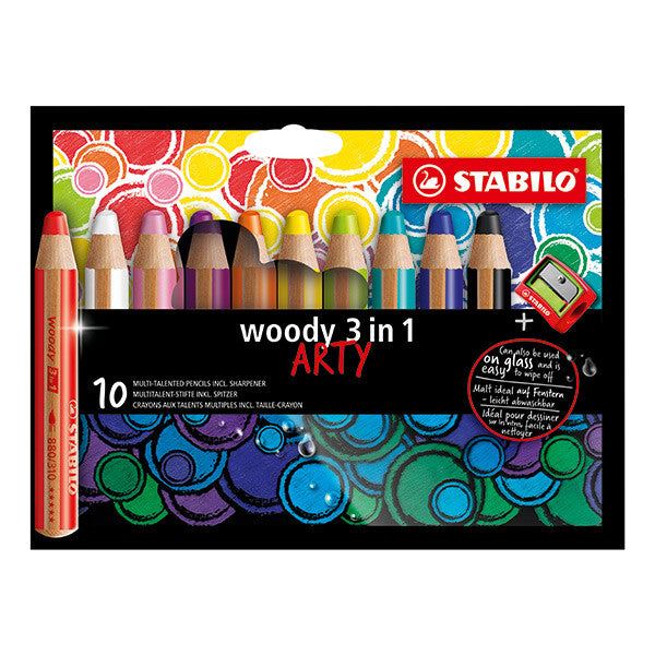 STABILO woody 3 in 1 - ARTY - Pack of 10 - Assorted Colours with Sharpener
