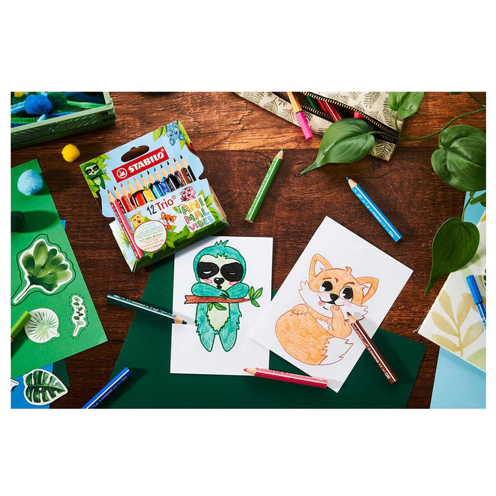 Stabilo Trio Thick Short Animal Vibes Colouring Pencils (12 Pack) – Easy‑Grip for Ages 4+