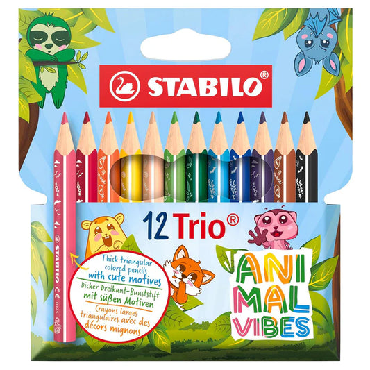 Stabilo Trio Thick Short Animal Vibes Colouring Pencils (12 Pack) – Easy‑Grip for Ages 4+