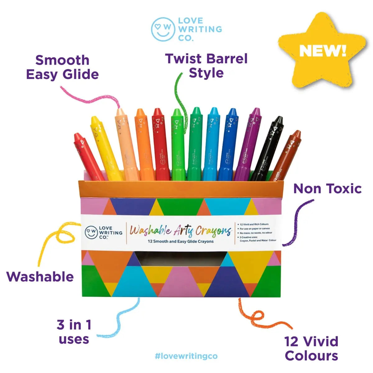 Love Writing Co. Washable Arty Crayons - Pack of 12 | The Dyslexia Shop
