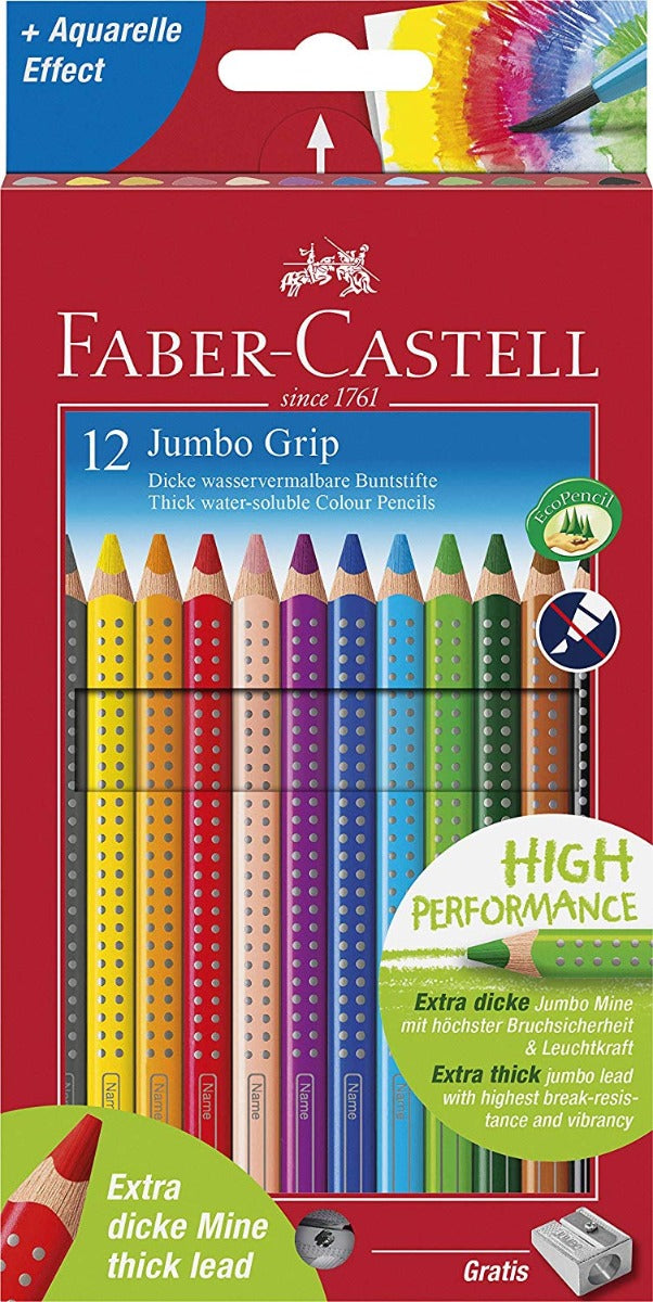 Faber-Castell Jumbo Grip Colour Grip Pencils + Sharpener (Box of 12)